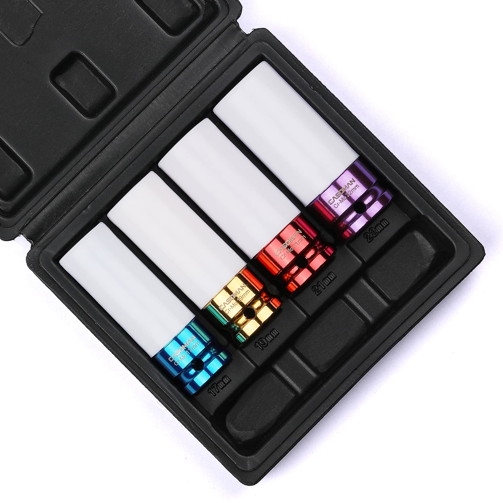 CASOMAN 1/2- Inch Drive Wheel Socket Set, 1/2" Thin Wall Alloy Wheel sockets, Deep Socket Set, Plastic Sleeve Lug Nut, 4 Pieces Set, 6 Point,Metric, 17mm,19mm,21mm,22mm