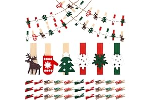 NOVWANG Christmas Clips, 60pcs Mini Christmas Red Wooden Clothes Pins for Photo Cards Mixed Styles Snowflake Card Holder with 33ft Hemp Rope for Card Paper Photo Decorations Display