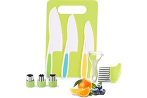 FGASIDYO 9PCS Montessori Kitchen Tools Cookware Baking Toy, Kids Knife Set for Real Cooking with Cutting Boards, Crinkle Cutte, Y Peeler, Serrated Edges Plastic Toddler Knife Kid Safe Knives