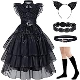 MGparty Girls Black Costume Halloween Cosplay Dress with Headband Belt Socks for Kids
