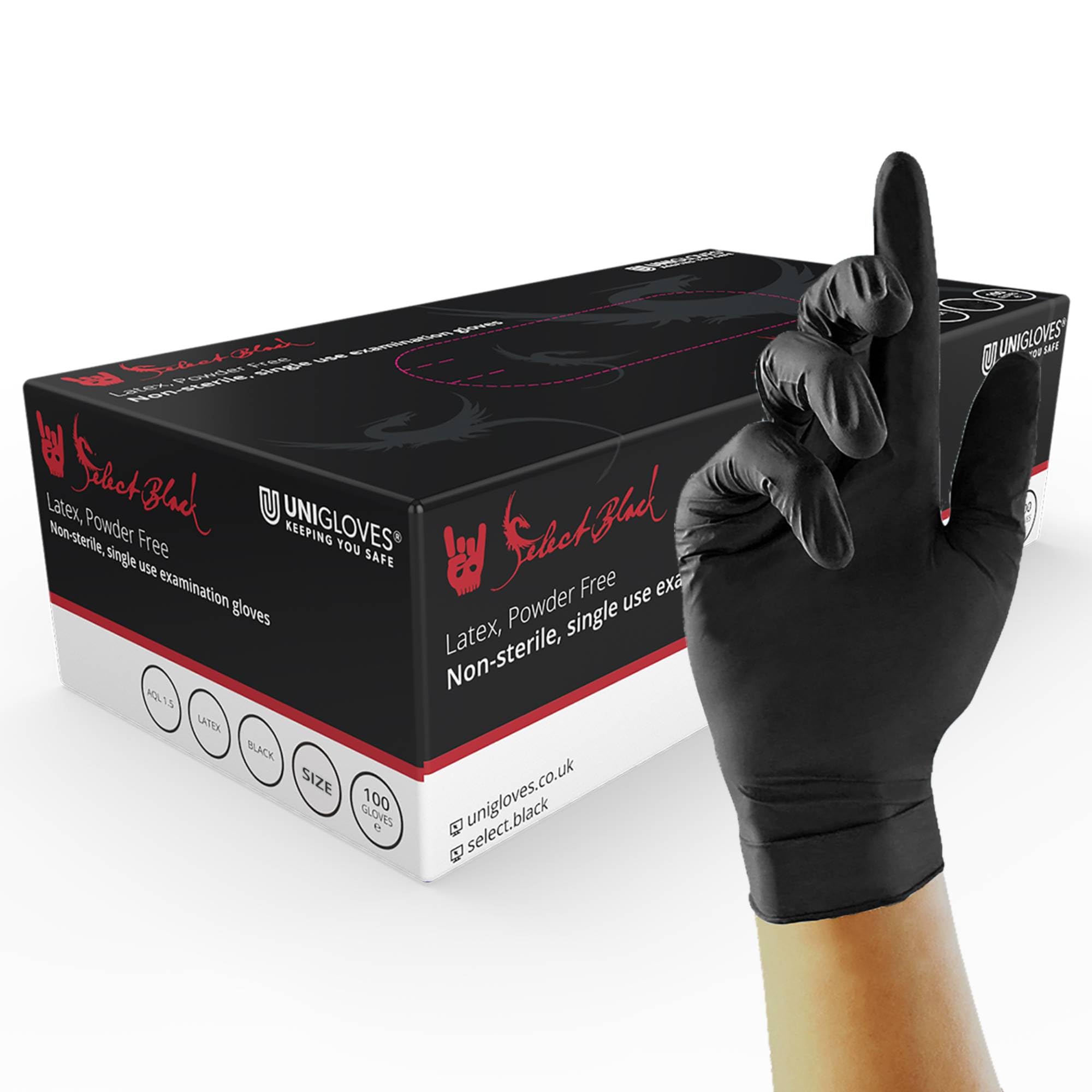 Unigloves Select Black Latex Gloves - Powder Free Disposable Gloves for Beauty, Piercing and Tattoo Artists - Box of 100 Gloves, Black, Extra Large (GT0025)