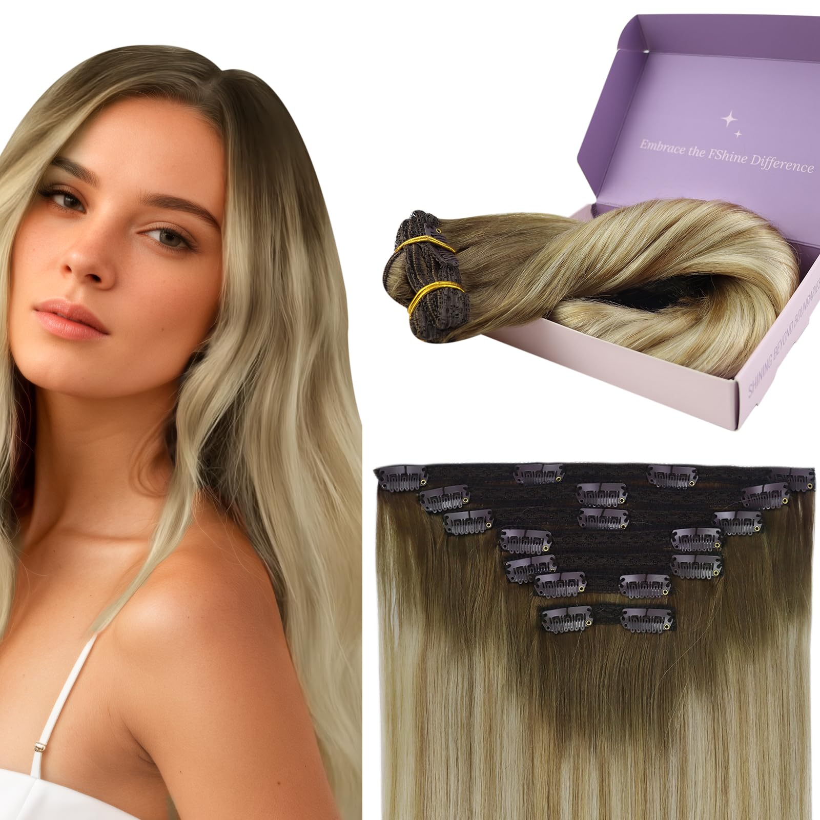 Fshine Clip in Hair Extensions Real Human Hair 16 Inch Medium Brown Fading to Honey Blonde And Blonde Hair Clip Extension Soft Clip in Remy Hair 7pcs Clip In Real Hair Extensions 120g