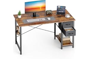Sweetcrispy 40 Inch Computer Desk with Drawers for Home Office, Writing Desk with X-Shaped Reinforcement, Wood Table with Adjustable Position Drawers, Modern Study Work Table with Side Hook, Rust