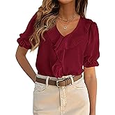 PRETTYGARDEN Women's Summer Dressy Casual Blouses 2026 Short Sleeve V Neck Ruffle Business Work Tops Trendy Spring Outfits