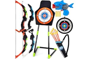 Funsland Bow and Arrow Set with LED Light, Archery Set with Standing Target & Hanging Target, Archery Toys with 2 Bows, 10 Suction Cup Arrows Shooting Toy Guns for Kids 4-12 Years Old Activity Toys