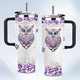 HYMONA Owl Gifts for Women Cups Tumbler with Handle 40oz Unique Stainless Steel Insulated Owl Water Cups, Christmas Birthday Gifts for Women Girl Mom Owls Lovers Purple Diamond Owls Coffee Mug
