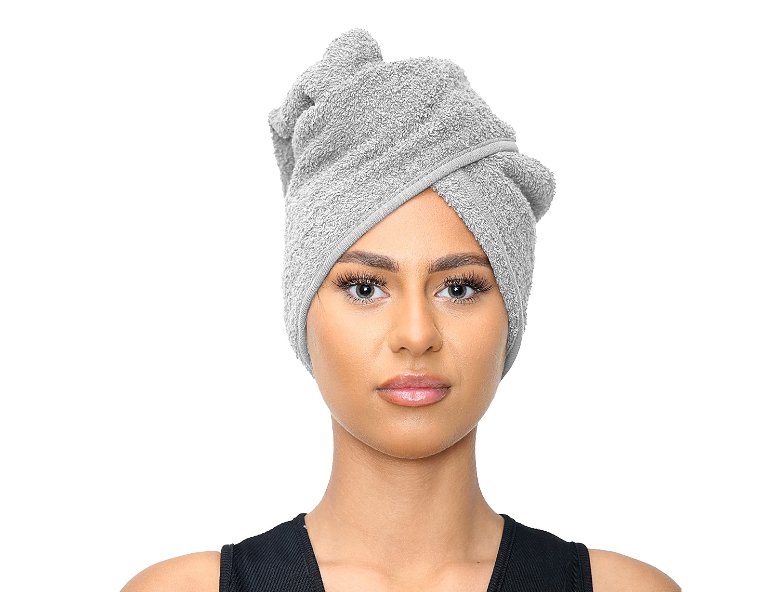 Sapphire Collection Terry Cotton Hair Towel Wrap Turban Absorbent Spa Towels with Loop & Button for Long Hairs (Silver)