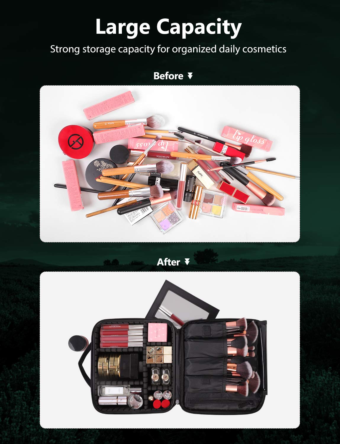 Syntus Travel Makeup Bag with Mirror, Portable Train Cosmetic Case Organizer with Adjustable Dividers Large Capacity for Cosmetic Makeup Brushes Toiletry Jewelry Digital Accessories, Black : Beauty