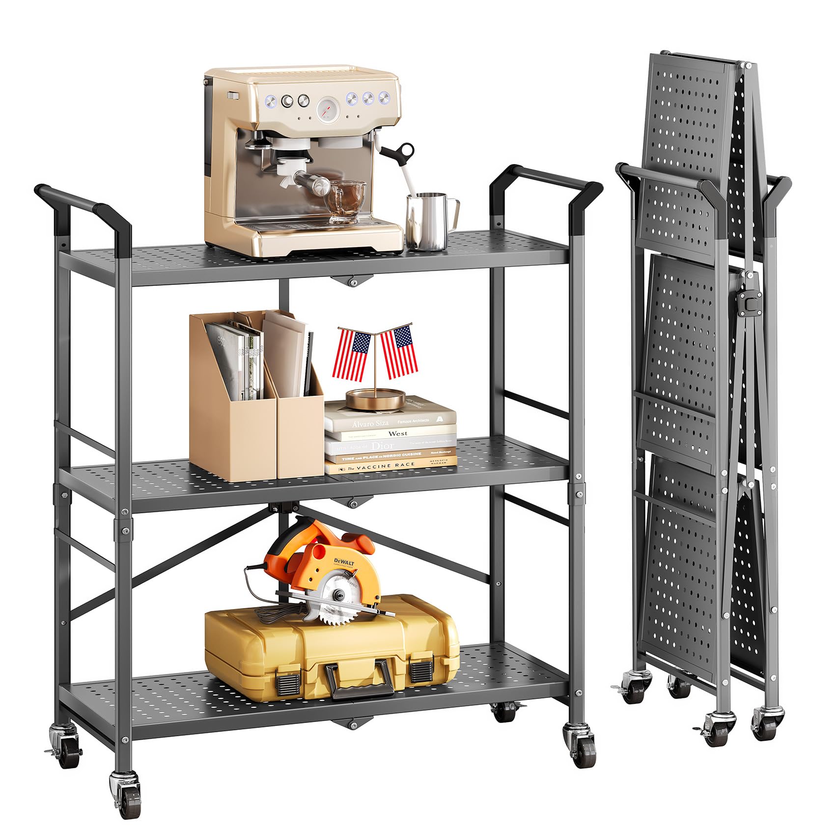 Photo 1 of HKWOTINHA Folding Rolling Cart with Wheels - 3 Tier Collapsible Utility Cart, Metal Service Cart (Large)