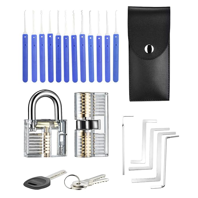 Lockpicking Set TOPELEK Lockpicking 17 Stücke Schlösser Set mit 2 transparenten Übungsschlössern 2 Schwarzen Silikonkoffern für die Schlösser Tragbarer Schwarzer Ledertasche für Entsperren Werkzeuge.