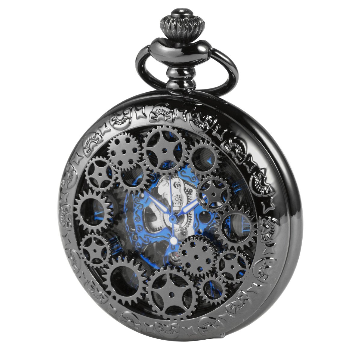 ManChDa Steampunk Skeleton Automatic Mechanical Pocket Watch Black Hunter Black Dial Hollow Case Chain + Gift Box