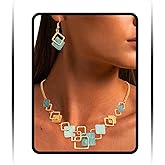 Sethexy Boho Retro Enamel Necklaces and Earrings Set Vintage Geometric Square Bib Chain Jewelry Set for Women