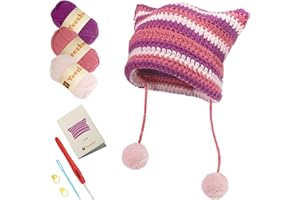 Yeezhee Crochet Kit for Beginners, Crochet Hat Starter Kit with Step-by-Step Video Tutorials, Cat Beanie Knitting Kit Including Yarn, Crochet Hooks (Lollipop)