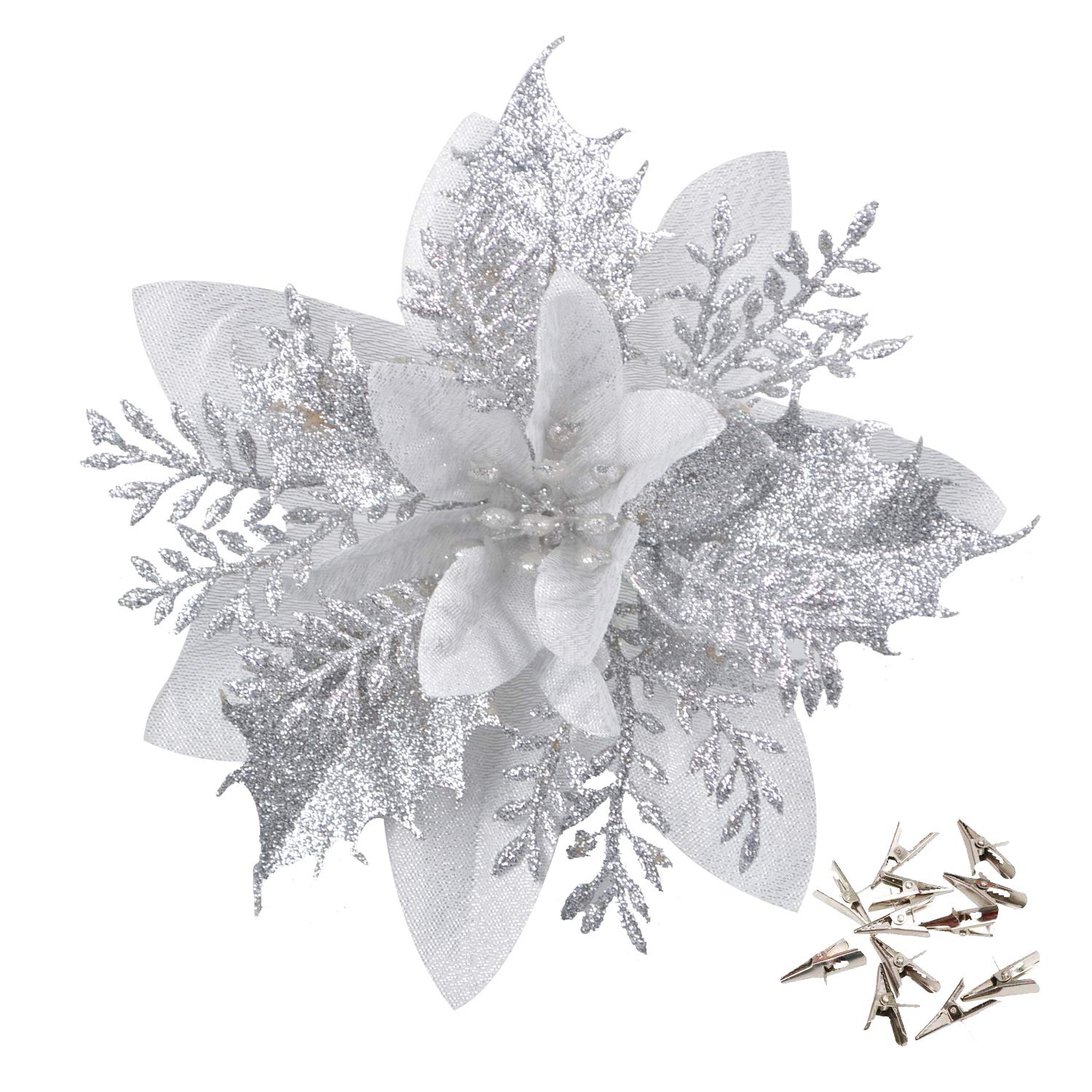 GL-Turelfies 12 Pcs Glitter Christmas Flowers(15cm/5.9’’) with 12 Pcs Clips Artificial Poinsettia Flowers Christmas Tree Flower Decorations Xmas Tree Ornaments (Silver)