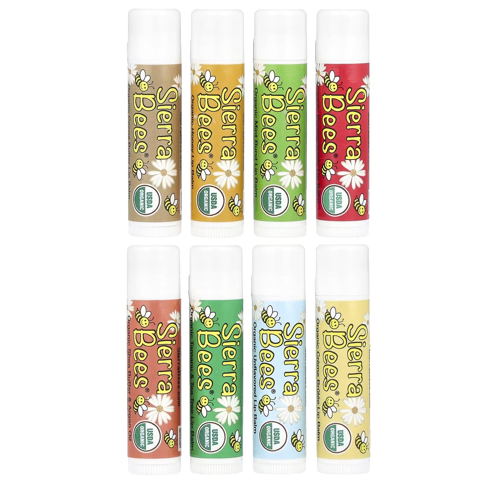 Organic Lip Balm - Variety 8 Pack by Sierra Bees - Cocoa Butter, Honey, Mint Burst, Pomegranate, Shea Butter & Argan Oil, Tamanu & Tea Tree, Unflavoured and Vanilla