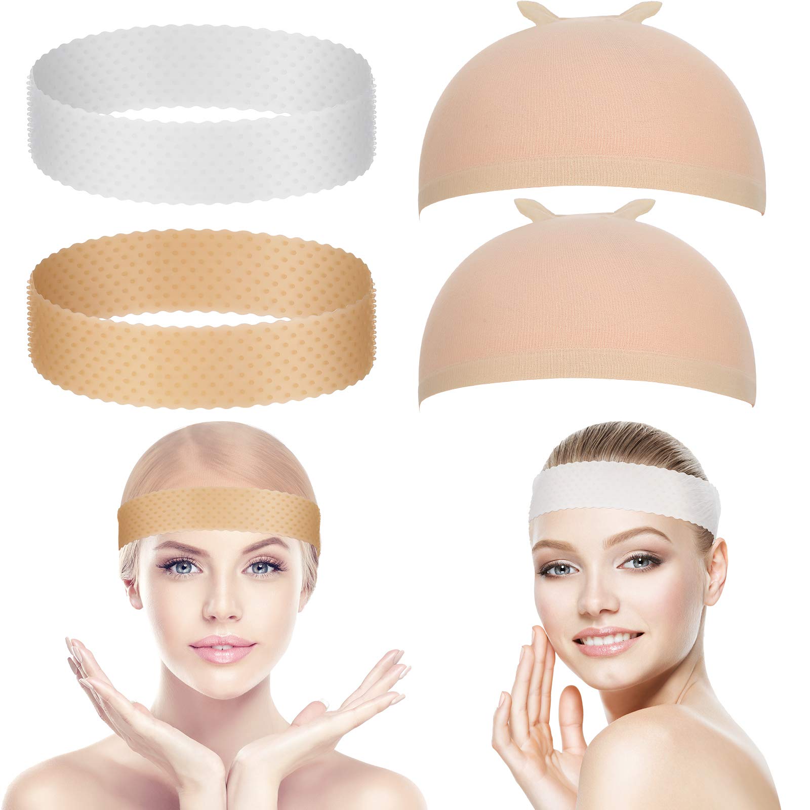 Photo 1 of 4 Pieces Nylon Wig Caps and Silicone Wig Grip Band for Lace Front Set for Women Human Hair Seamless Non-slip Headband Stretchy Adjustable for White Women (White and Light Brown, Skin Color)