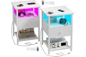 HDDDZSW LED Nightstands Set of 2 with Charging Station, Bedside Tables with USB Ports and Outlets, End Table with Fabric-Wood 2-in-1 Drawer for Small Spaces, White Side Table for Bedroom, Living Room