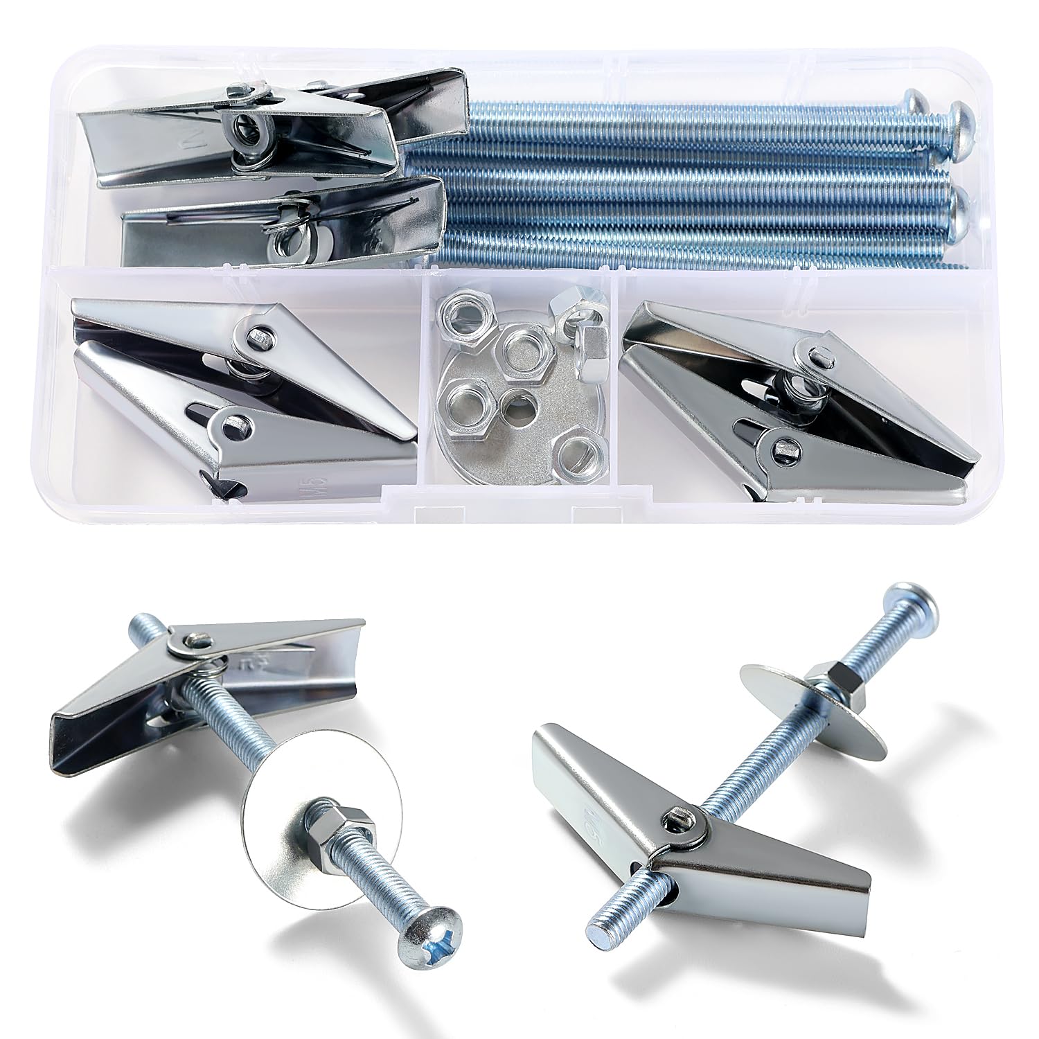 Lyeteung 7 Sets M5 Spring Toggle Fixings, Wing Spring Toggle Bolt and Wing Nut Assortment Kit, with Hex Nuts, Washers, for Plasterboard, Cavity Wall, Fibreboard — image 1