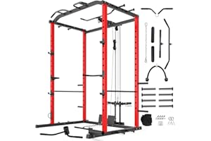 VANSWE Power Cage with LAT Pulldown Attachment, 1200-Pound Capacity Power Rack Full Home Gym Equipment with Multi-Grip Pull-up Bar, Landmine, T bar and Dip Handle
