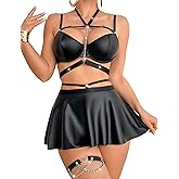 SwiiDuu Pu Leather Lingerie for Women Sexy Strappy Chain Underwire Bra Skirts Lingerie Set with 1 Thigh Garter
