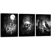 RyounoArt Gothic Wall Art Black and White Skull Butterfly and Raven Pictures Horror Wall Decor Framed 12 * 16 inches*3pcs (Small)