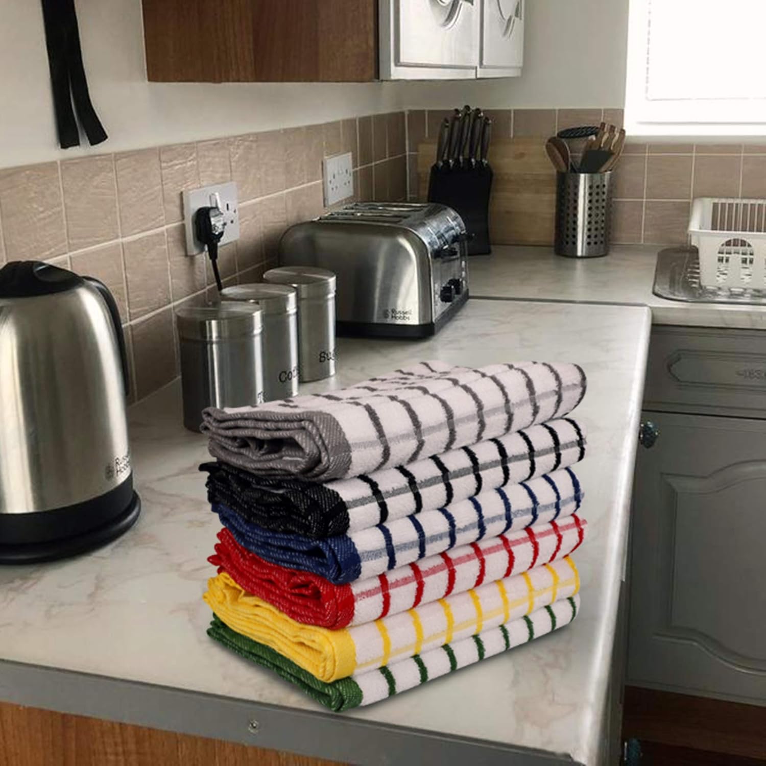 Urban Villa 6 Pack Terry Kitchen Towels, Premium Quality, 100% Cotton, Ultra Soft (Size: 20X30 Inch), Multi Color, Highly Absorbent Over Sized Kitchen Towels with Hanging Loop- (Set of 6): Kitchen & Dining