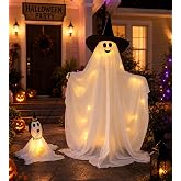 Halloween Decorations Outdoor, 53 in Light Up Ghost with Barking Ghost Dog | Witch hat ghost and puppy set with stand bases, 8 modes, and sound activated barking dog for Halloween scenes.