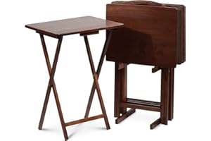 PJ Wood Lightweight Rectangle Folding TV Snack Tray Tables with Compact Storage Rack, Solid Wood Construction, Honey Oak, (5 Piece Set)