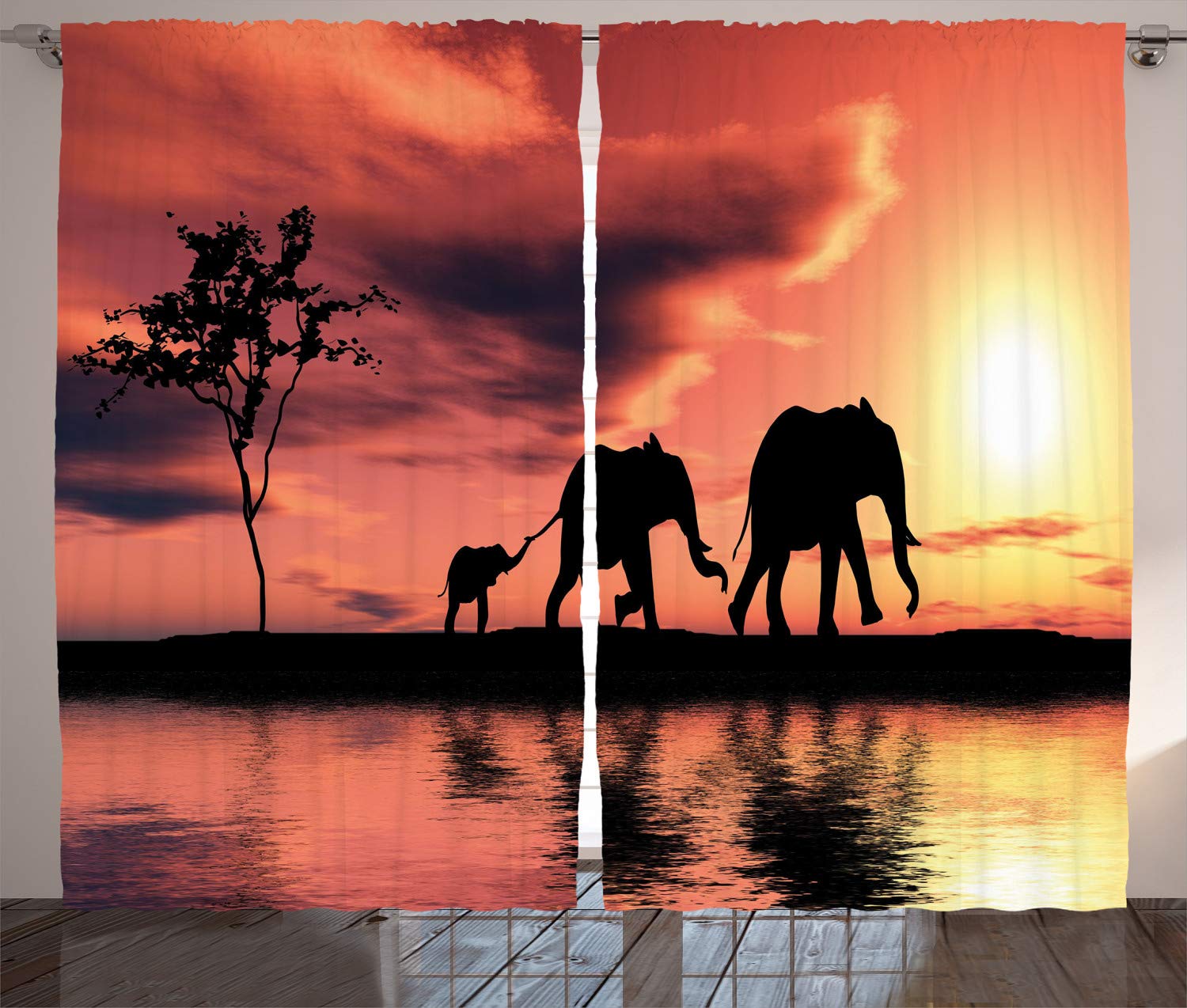 ABAKUHAUS Elephant Curtains, Elephant Silhouettes by River Animals Adventure Landscape, Living Room Bedroom Window Drapes 2 Panel Set, 280 x 260 cm, Dark Yellow Seal Brown