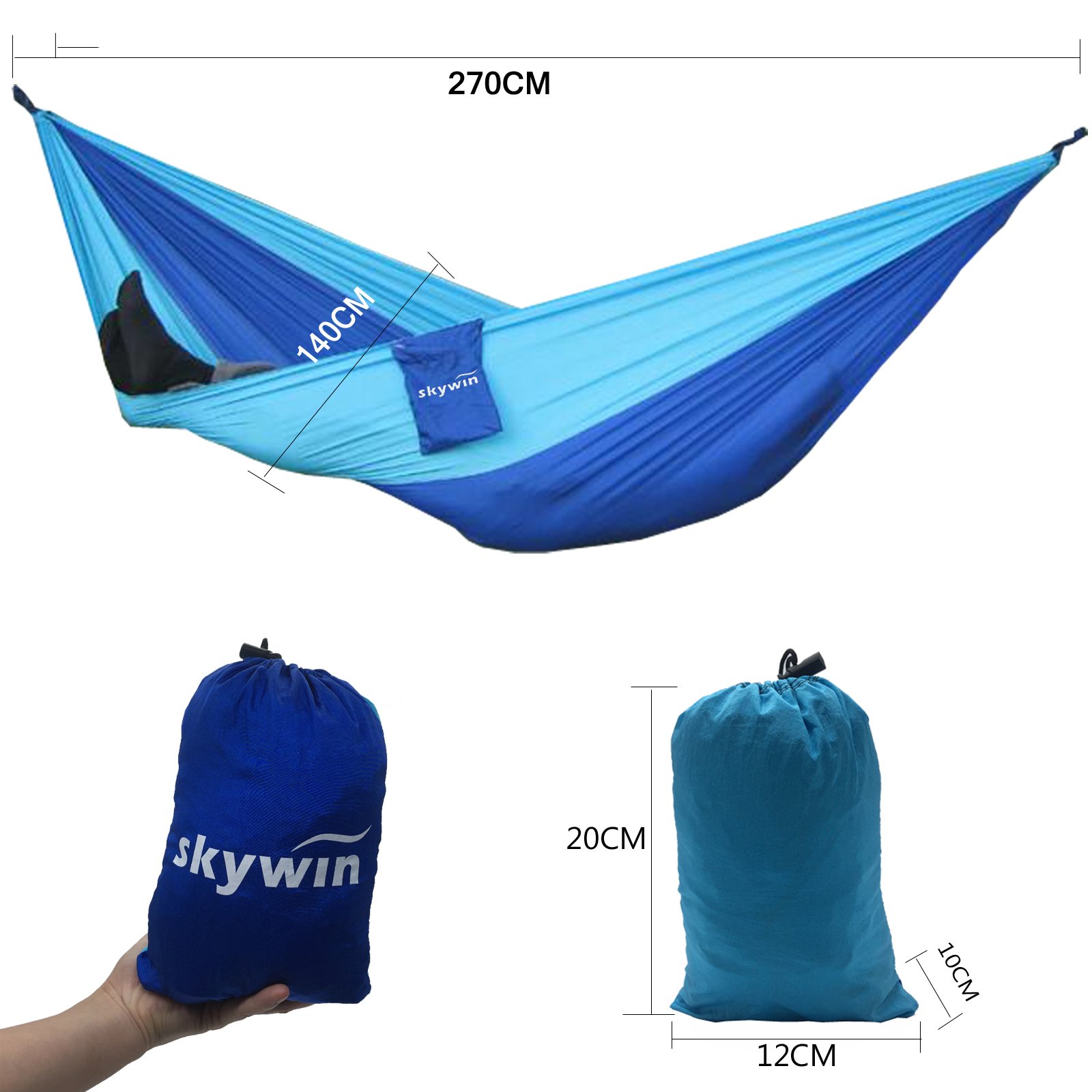 SKYWIN Camping Hammock Lightweight Parachute Hammock Multifunctional For Travel,Camping,Hiking, Beach, Yard , Portable with 2 Carabiners and 2 Hanging Ropes 10FT by Each ( Blue Stitching)