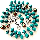 elegantmedical Turquoise TIBET COPPER BEADS STERLING 925 SILVER ROSARY NECKLACE Catholic
