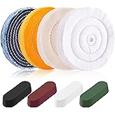 8PCS 6 Inch Buffing & Polishing Wheel Kit for Bench Grinder, 1/2" Arbor Hole, Denim/Yellow/White/Flannel Polishing Wheels with 4 Buffing Compound Set,Polishing Rouge Bars