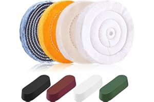 CHEGIF 8PCS 6 Inch Buffing & Polishing Wheel Kit for Bench Grinder, 1/2" Arbor Hole, Denim/Yellow/White/Flannel Polishing Wheels with 4 Buffing Compound Set,Polishing Rouge Bars