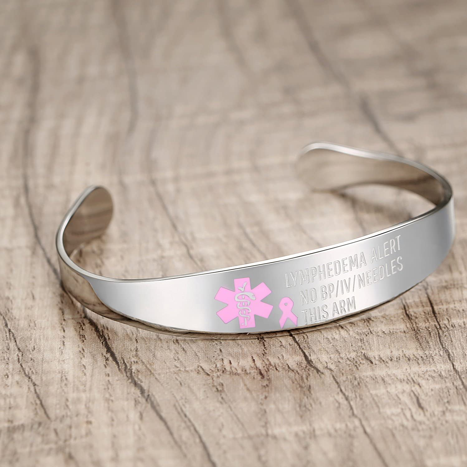 mnmoom Stainless steel medical id bracelets bangle for women Pink ribbon no bp no Needles Lymphedema Alert Bracelet