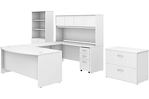 BUSH BUSINESS FURNITURE Studio C 72W x 36D U Shaped Desk with Hutch, Bookcase and File Cabinets in White