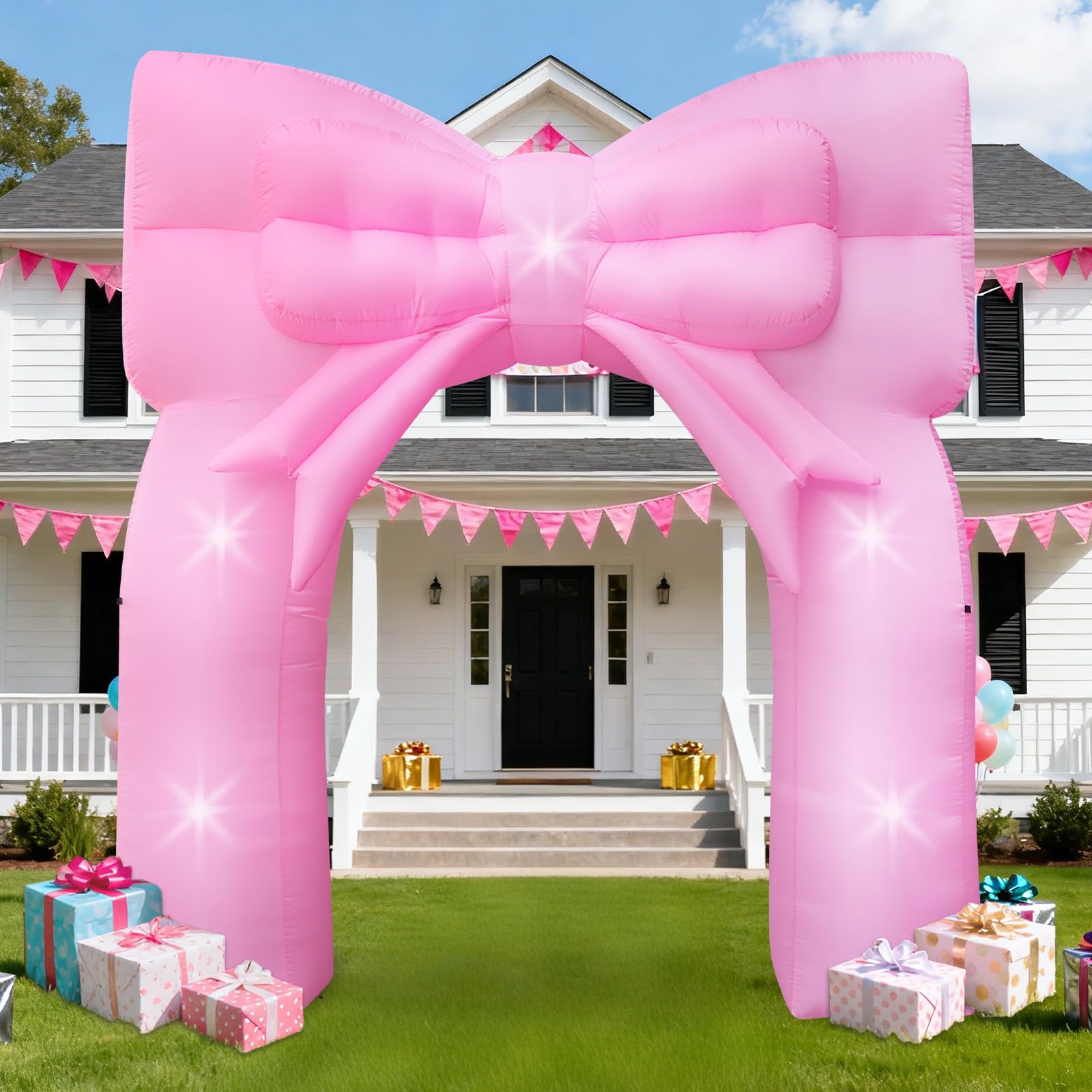 Photo 1 of ***DAMAGED - SEE NOTES/PICTURES*** 9FT Pink Bow Inflatable Arch Outdoor Decorations Giant Blow-up Pink Bow Arch Built-in 5 LED Lights for Birthday Party Decor Wedding Bachelorette Bridal Coquette Supplies for Women Yard Garden Lawn