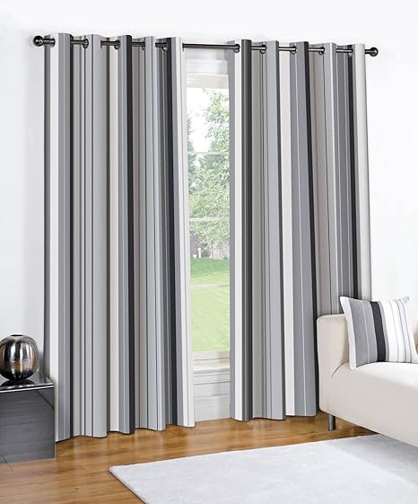 Striped Black Cream Grey Pair Lined Eyelet Ring Top Curtains 90