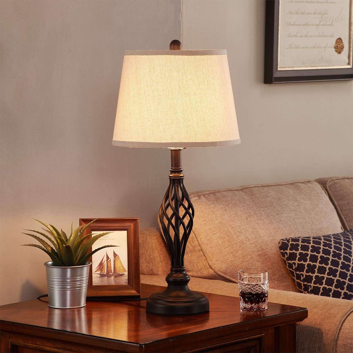 Vintage Table Lamp Set, Kakanuo Traditional Bedside Lamp with Spiral Cage Design Base, Cream Drum Shade Large Retro Table Lamp for Bedroom, Living Room, Set of 2: Home Improvement