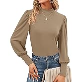 Qirno Womens Mock Neck Puff Long Sleeve Tops Casual Loose Solid Basic T Shirt Button Cuffs Pullovers Shirts Blouse