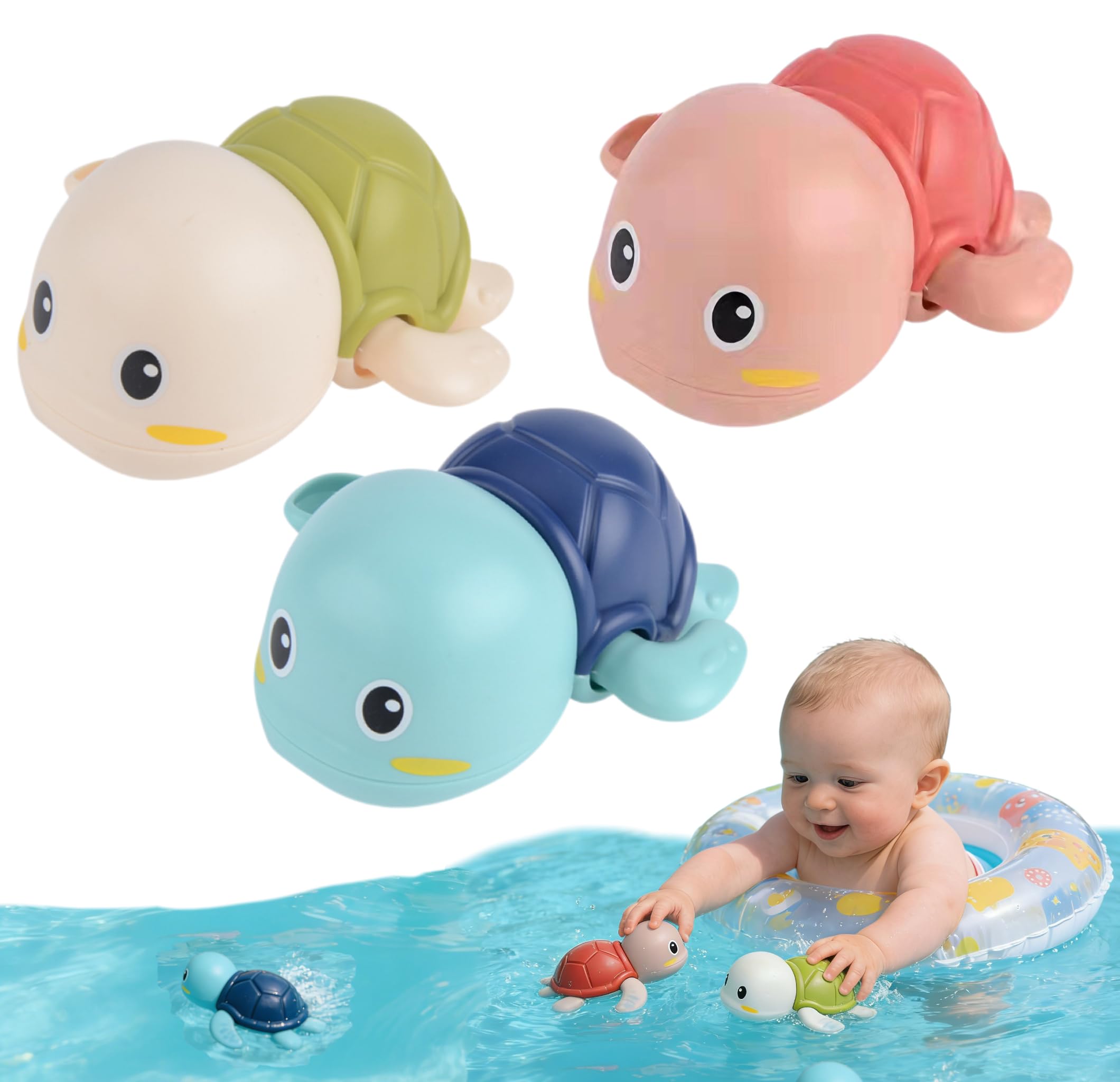 XQLY 3 Pack Swimming Turtle Bath Toys, Wind Up Floating Bathtub Toys for Toddlers 1-3, Kids Pool Water Play Toys, Bathtime Gifts for Boys Girls