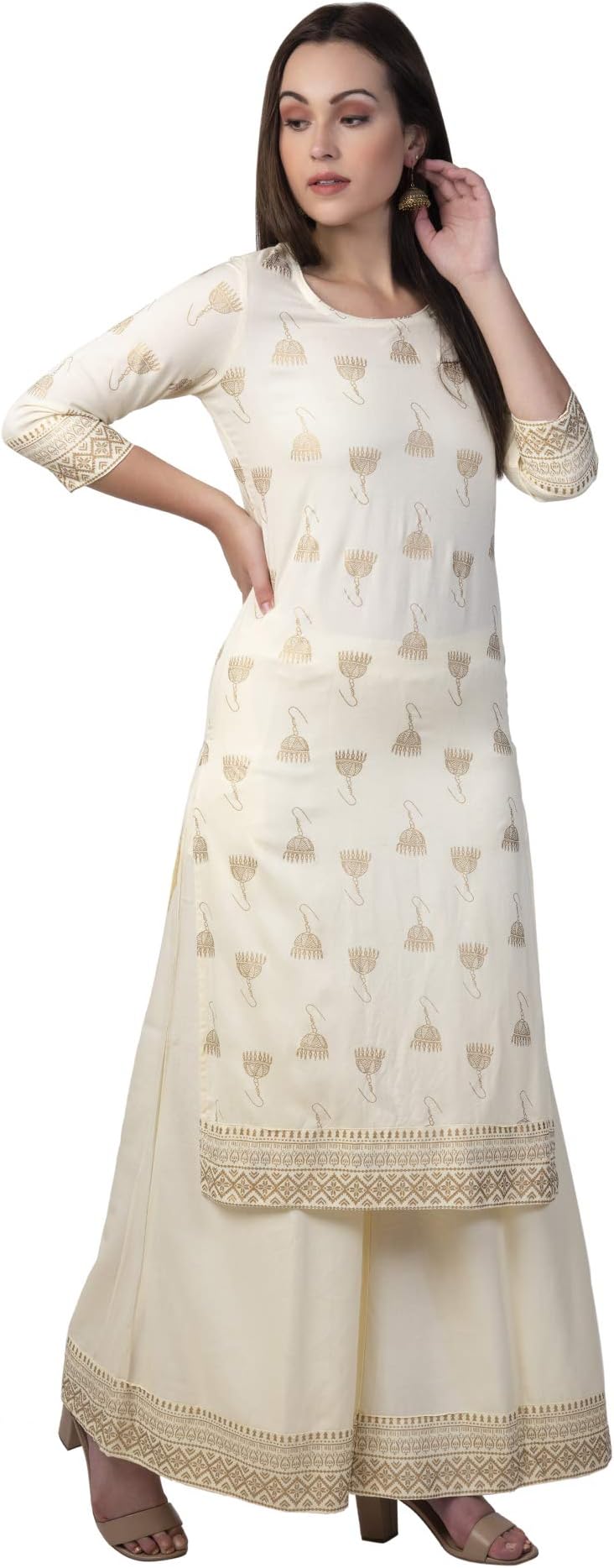 Ortange Women's Rayon Gold Printed Kurta And Palazzo (Off-White)