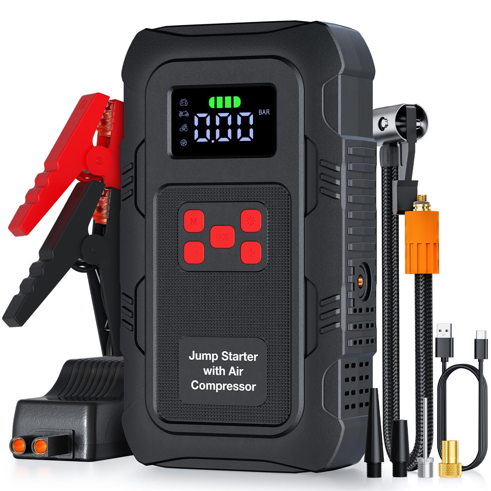 5000A Jump Starter with Air Compressor,A1 Car Jumper Starter with 150PSI Tire Inflator 12V Jump Box with LCD Display,Flashlight,Storage Case (Up 10L Gas/8L Diesel Engine Image