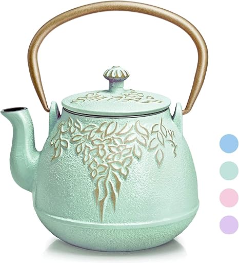 Amazon Com Tetera De Hierro Fundido Hervidor De Te De Hierro Fundido Tetera Con Infusores Para Te Suelto Teteras Con Diseno De Hojas Revestidas Con Interior Esmaltado Para 32 Onzas Verde Aqua Kitchen