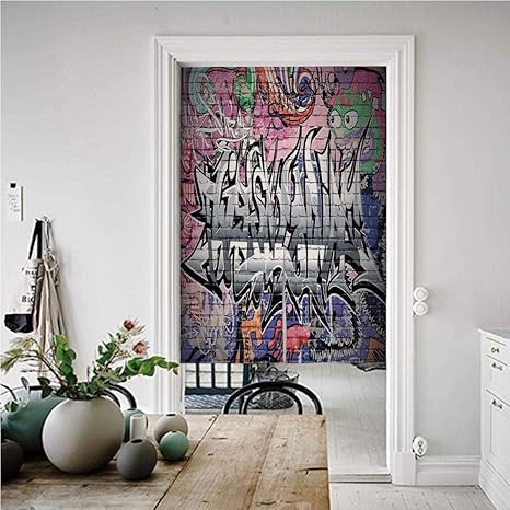 Amazon 素朴な家の装飾 のれん おしゃれ 遮光 幅85cm 丈150cm 落書きグランジアート壁いくつかの不気味な地下都市都市景観印刷 和風暖簾べ麻風キチンリビングロングカーテン マルチ のれん オンライン通販