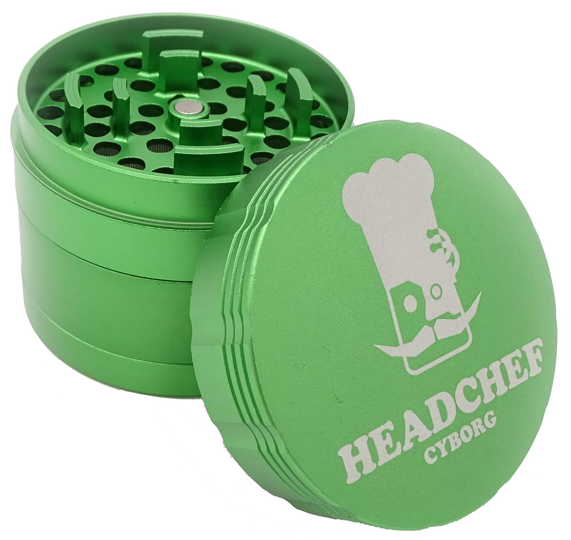 Headchef Cyborg Metal Herb Grinder with Removable Twist Screen, 4 Piece Grinder 62mm (Gamma Green)