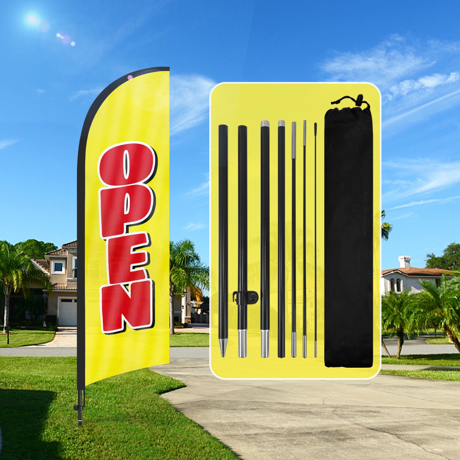 QSUM Open Feather Flag,8FT Open Advertising Swooper Flag with Pole Kit, Ground Spike, Open Signs for Businesses and Storefronts(Yellow)