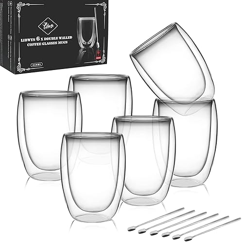 LIBWYS 6 Pack Double Walled Coffee Glasses Mugs, Cappuccino Latte Macchiato Tea Milk Glasses Cups Heat Resistant Cup 350ML (Without Handle)