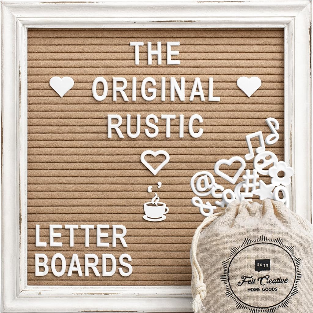 Felt Letter Board with Rustic White Wood Farmhouse Vintage Frame and Stand by Felt Creative Home Goods | Changeable Message Board Includes 350 White Alphabet Letters (Cappuccino, 10x10 Inches)