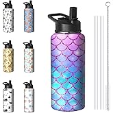 32oz Mermaid Water Bottle with Handle and Flip Straw, Sports Stainless Steel Insulated Cup Travel Coffee Mug Tumbler, Birthday Mothers Day Chritmas Gifts for Women