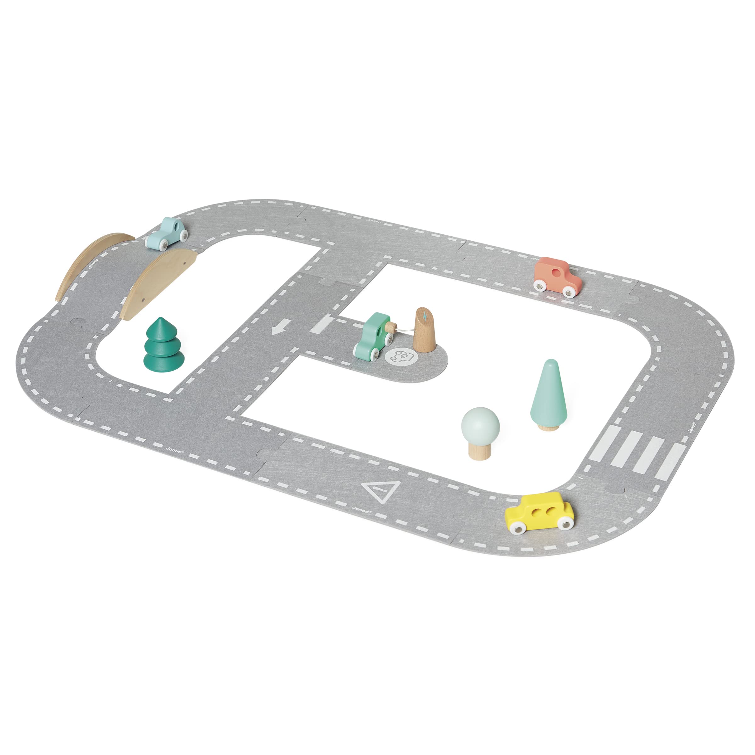 Janod - Bolid Felt and FSC Wood Car Track - Early-Years Toy - Felt Circuit + 4 Cars + 5 Accessories - 2 Years +, J04631